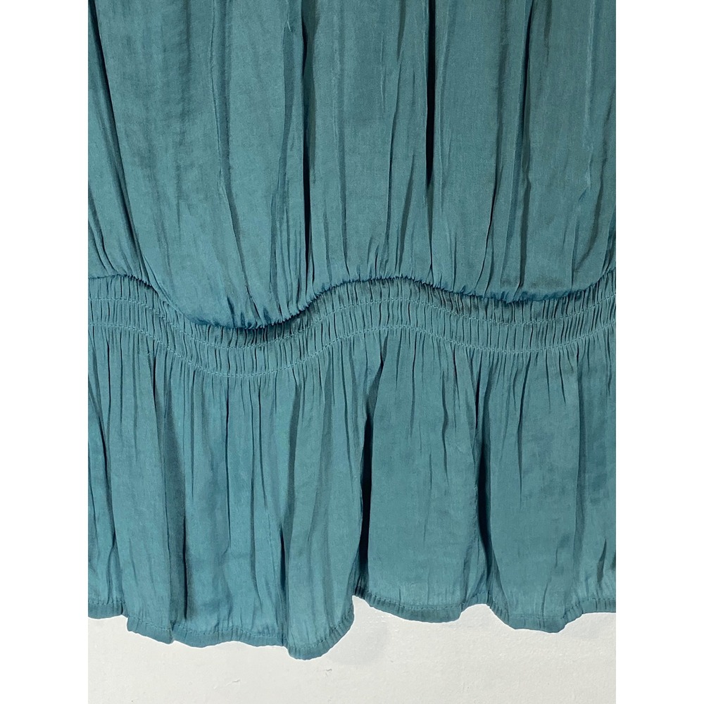 Nine West Teal Smocked Peplum Blouse L Balloon Sleeve Cottagecore Modest - Picture 2 of 7